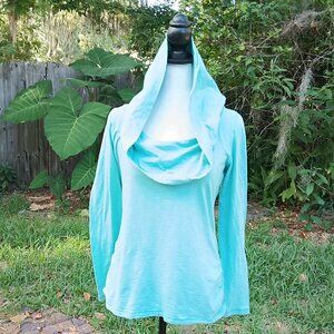 Tek Gear Yoga Womens Teal Top Long Sleeve Neat Aquamarine Blue Draped Hood Shirt